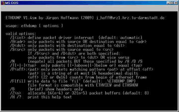 Screenshot #6: The help screen of the ethernet capturing program ETHDUMP.EXE.