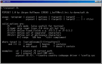 Screenshot #2: The help screen of the program to set environment variables PIPESET.COM.