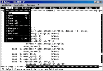 Screenshot #11: RMENU used to remotely edit its own source code in Borland C, via the telnet client that came with Windows 98.