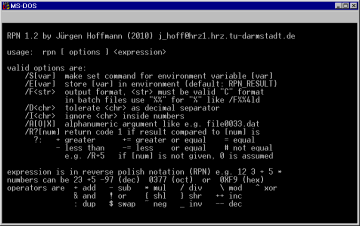 Screenshot #1: The help screen of the RPN calculator RPN.COM.